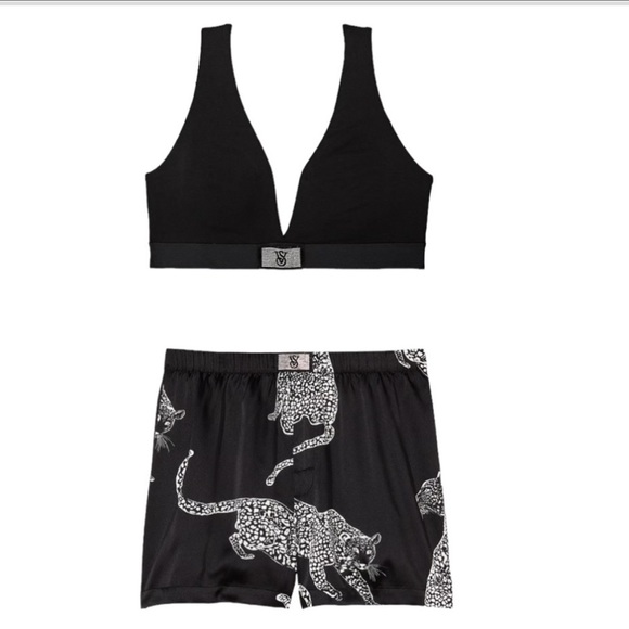 Victoria's Secret Other - Victoria’s Secret XL BLACK SHINE Lounge Bra & XL BLACK LEOPARD SHINE SHORTS